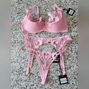 Honey Birdette 💋SET💋 Pink HEARTS 40DDD/F Bra XL thong XL suspender NWT